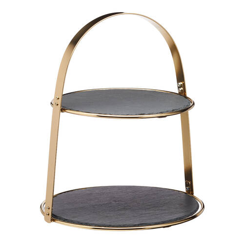 Artesa 2 Tier Brass Cake/Dessert Stand w/Round Rustic Slate Serving Platters