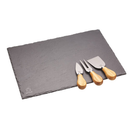 Artesa Rustic Slate Cheese Platte w/Stainless Steel Knife Set Wooden Handle
