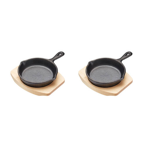 2PK Artesa Cast Iron Round Small Fry Pan/Serving Skillet w/Wooden Board 11cm