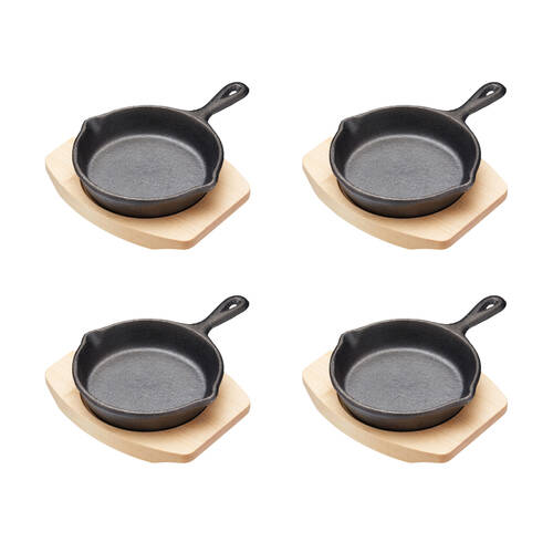 4PK Artesa Cast Iron Round Small Fry Pan/Serving Skillet w/Wooden Board 11cm
