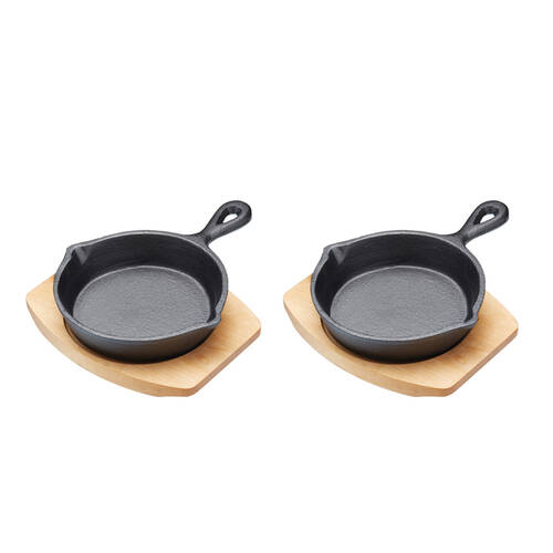 2PK Artesa Cast Iron Round Small Fry Pan/Serving Skillet w/Wooden Board 15cm