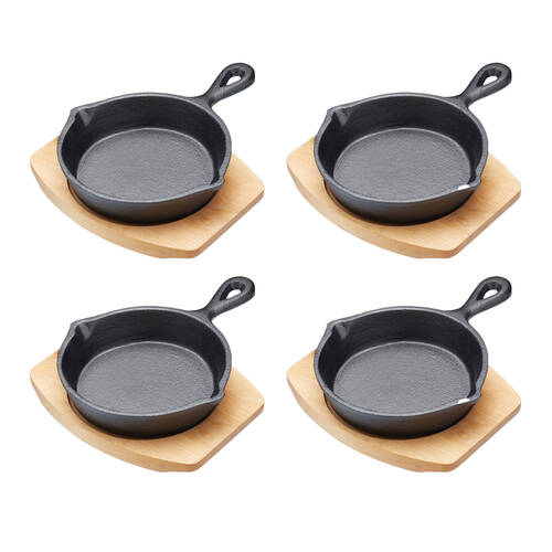 4PK Artesa Cast Iron Round Small Fry Pan/Serving Skillet w/Wooden Board 15cm