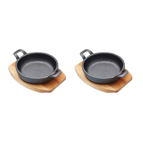 2PK Artesa Cast Iron Mini Gratin Dish/Serving Skillet w/Maple Wood Board 12.5cm