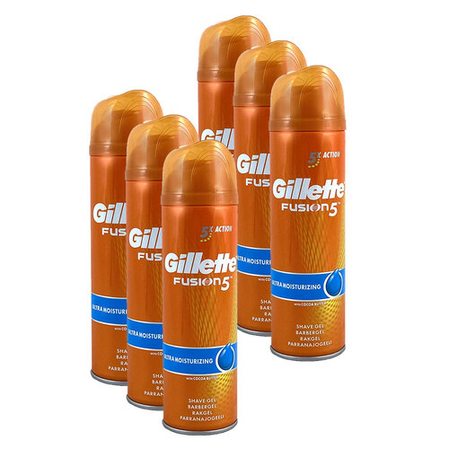 6pc Gillette Fusion 5x Action Shaving Gel Ultra Moisturising w/ Cocoa Butter 200ml