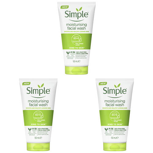 3PK Simple Moisturising Facial Wash For All Skin Types Unscented 150ml