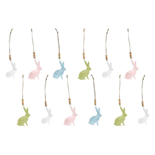 12PK LVD Rabbit Hanger Piece Iron/Wood Hanging Ornament 8cm - Assorted