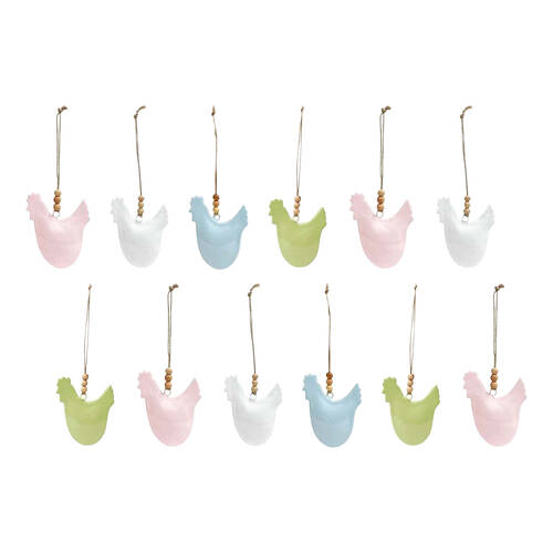 12PK LVD Hen Hanger Piece Iron/Wood Hanging Ornament 11cm - Assorted