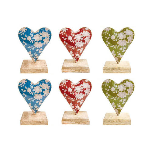6PK LVD Floral Heart On Stand Figurine Iron/Wood Decor 9.5x11cm - Assorted