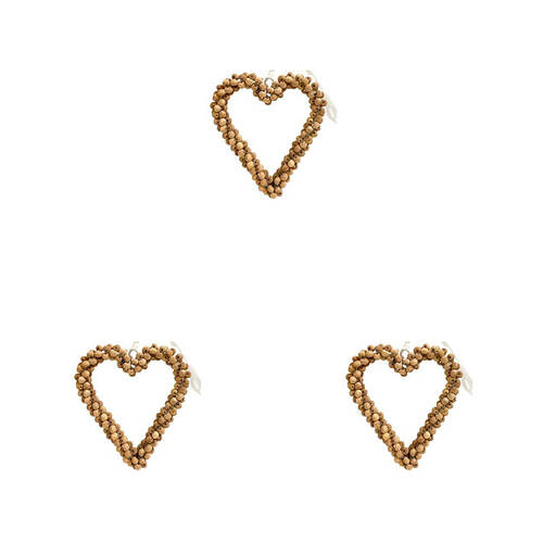3PK LVD Bead Heart Hanger Wooden Hanging Ornament Decor Natural Medium