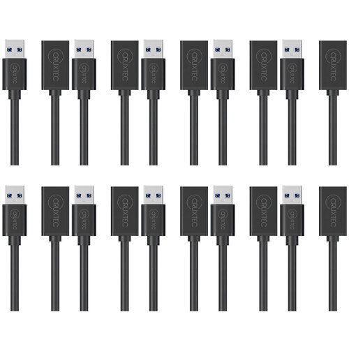 10PK Cruxtec USB-A Male to USB-A Female Extension Cable 1m - Black