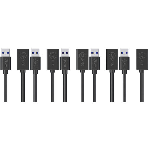5PK Cruxtec USB-A Male to USB-A Female Extension Cable 1m - Black