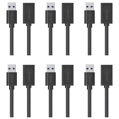6PK Cruxtec USB-A Male to USB-A Female Extension Cable 5m - Black