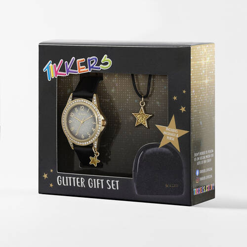 Tikkers Black Star Watch with Straps, Necklace & Purse Gift Set - Black