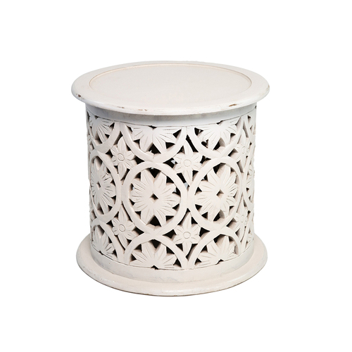 Rayell Patina Carved 46cm Timber Side Table S - White