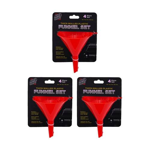 3x 4pc AutoShift Thick-Walled Plastic Funnel Set Automotive 50/75/95/115mm Red