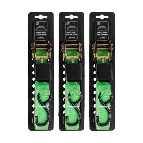 3PK AutoShift Heavy Duty Ratchet Tie Down 250kg Capacity w/Auto-Lock 4m Green