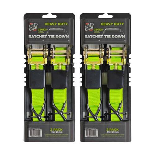 2x 2PK AutoShift Heavy Duty Ratchet Tie Down 250kg Capacity w/Auto-Lock 4m Lime