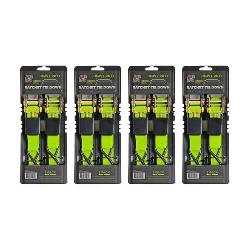 4x 2PK AutoShift Heavy Duty Ratchet Tie Down 250kg Capacity w/Auto-Lock 4m Lime