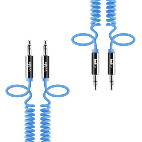 2x Belkin 1.8m Coiled Stereo Aux Cable  Audio Male to Male  3.5mm  - Blue