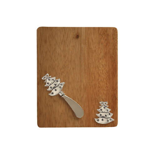 Darlin Acacia Wood Xmas Tree Cheeseboard w Spreader & Gift Bag 22.5x18cm Brown