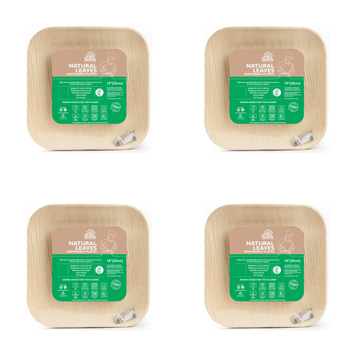 4x 25PK EcoSouLife Disposable Areca Nut Leaf Square Plate 25cm - Beige