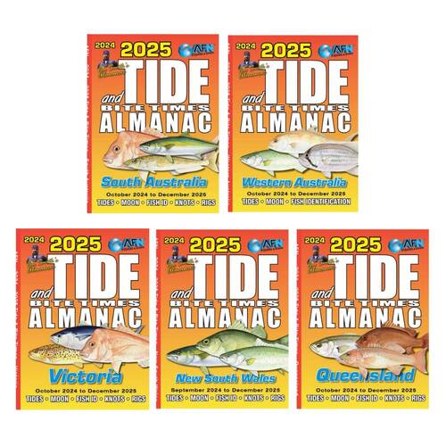 5pc AFN 2025 Tide & Bite Time NSW/QLD/SA/VIC/WA Fishing Guide Combo Set