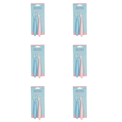 6x 2pc Cuddle Bug Baby Feeding Silicone Spoon 2 Pink/Blue 15.5cm Assorted