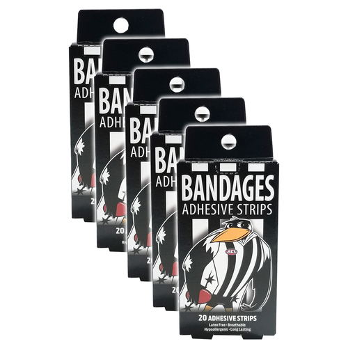 5x 20pc AFL Mascot Bandages Collingwood Magpies Adhesive Strips Kids 6y+
