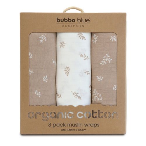 3pc Bubba Blue Organic Cotton Baby/Childrens Muslin Wraps, Chestnut