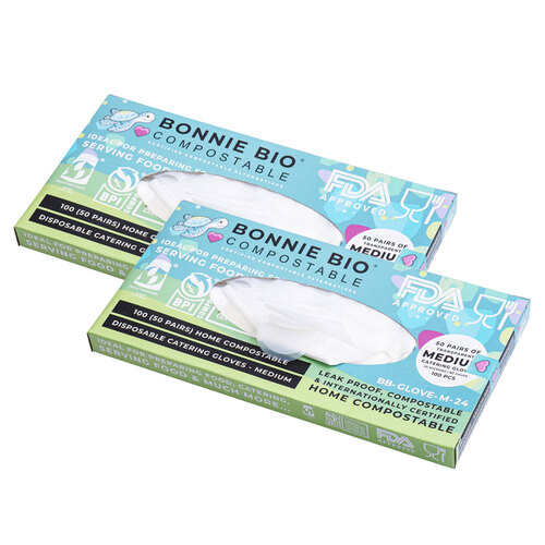 2x 100PK Bonnie Bio Compostable Disposable Catering Gloves Medium