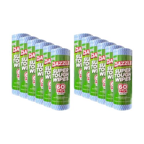12x 60pc Dazzle Super Tough Heavy Duty Cleaning Wipes 20x20cm Blue