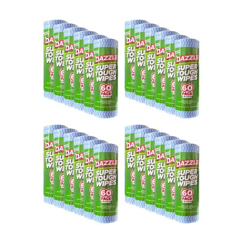 24x 60pc Dazzle Super Tough Heavy Duty Cleaning Wipes 20x20cm Blue
