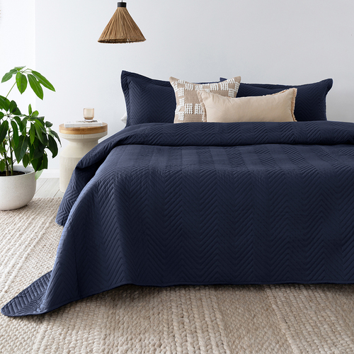 Bambury Herringbone Embossed Coverlet Set Navy Single/Double Bed