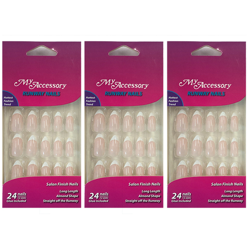 3x 24pc My Accessory Runway French Tip Almond Shape Artificial Glue On Nails