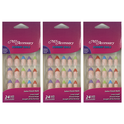 3x 24pc My Accessory Runway Pastel Tips Almond Shape Artificial Glue On Nails