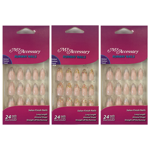 3x 24pc My Accessory Runway Glitter Tips Almond Shape Artificial Glue On Nails Assorted