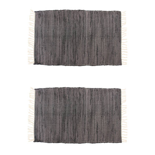 2PK LVD Natural Cotton/Jhuta Rustic Floor Rug Mat 80x50x.5cm Black/White