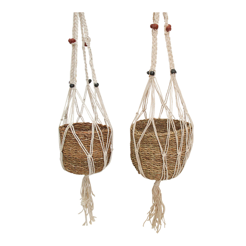 LVD 2PK Hanging 23/20cm Seagrass Basket Planter w/ Jute Rope Set