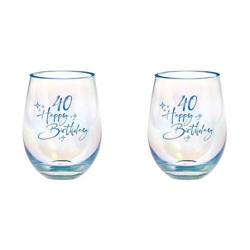 2PK 40th Birthday Blue Foil 13cm/600ml Stemless Wine Glass Tumbler