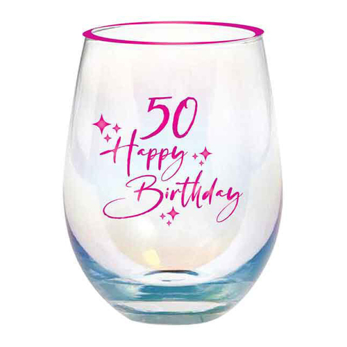 50th Birthday Pink Foil 13cm/600ml Stemless Wine Glass Tumbler