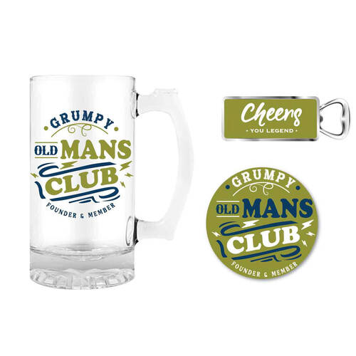 3pc LMD Grumpy Old Mans 490ml Stein Glass Mug/Opener/Coaster Pad