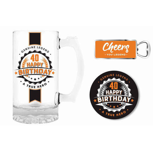 3pc LMD 40 Happy Birthday 490ml Stein Glass Mug/Opener/Coaster Pad
