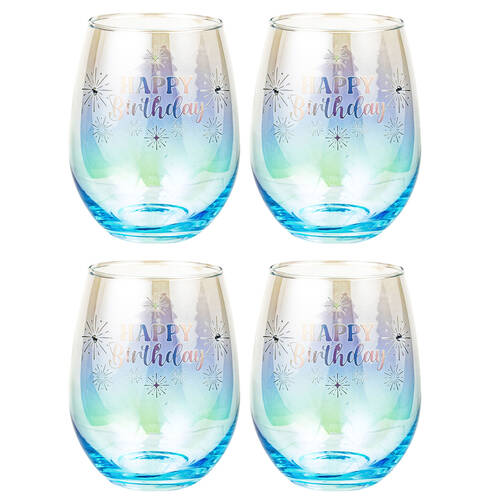4PK LMD Happy Birthday Stemless Holographic Glass 560ml Water Tumbler