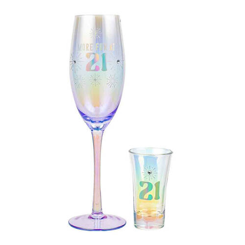 2pc LMD 21st Holographic 250ml Champagne/60ml Shot Glass Set