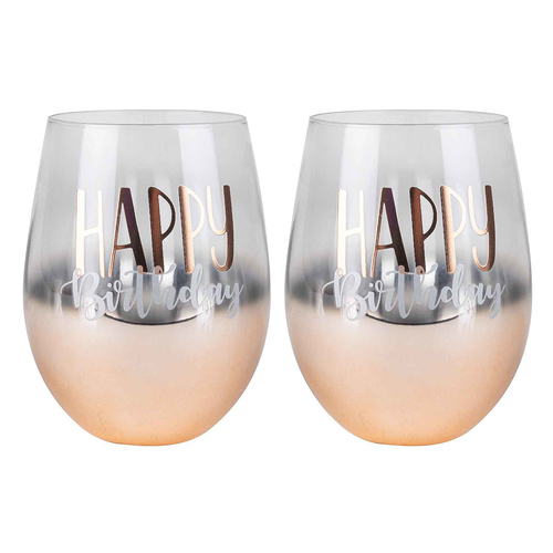 2PK Happy Birthday Rose Gold Ombre Stemless Wine Glass 600ml