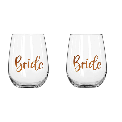 2PK Bride Stemless Wine Rose Gold Drinking Glass 600ml