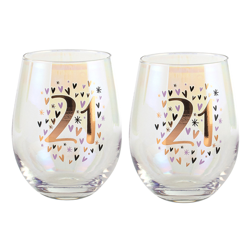 2PK Rainbow 21st Pastel/Gold Stemless Wine Glass 600ml Drinking Cup