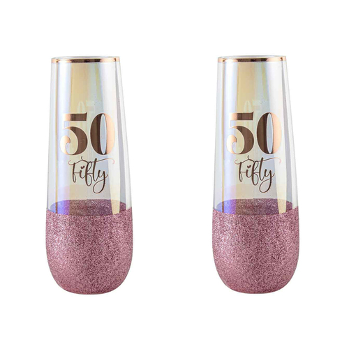 2PK Glitterati 50th Colour Stemless Champagne Glass 16cm 180ml Drinking Cup
