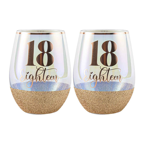 2PK Glitter 18th Stemless Wine Glass Pink 600ml Drinking Cup