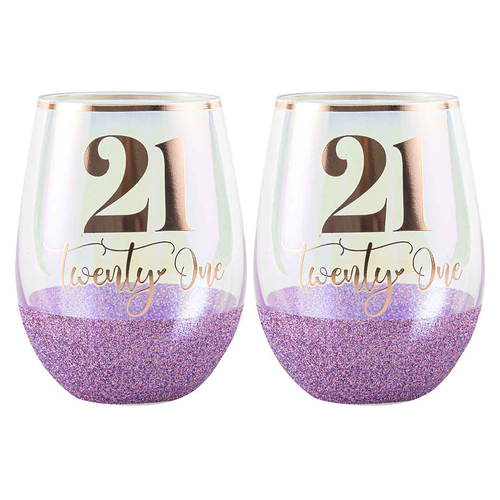 2PK Glitter 21st Stemless Wine Glass Purple 600ml Drinking Cup